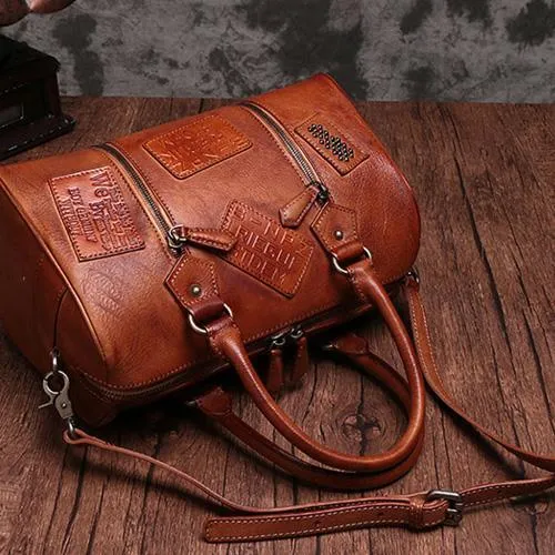 Vintage Womens Brown Leather Boston Handbags Boston Shoulder Handbag Crossbody Bags