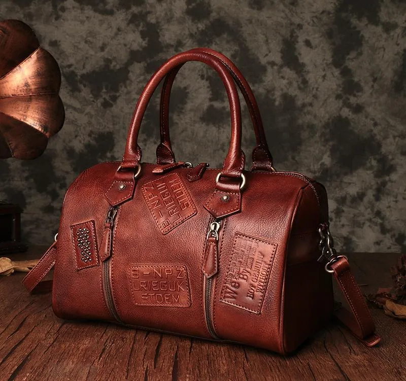 Vintage Womens Brown Leather Boston Handbags Boston Shoulder Handbag Crossbody Bags