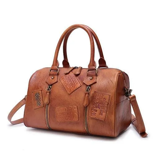 Vintage Womens Brown Leather Boston Handbags Boston Shoulder Handbag Crossbody Bags