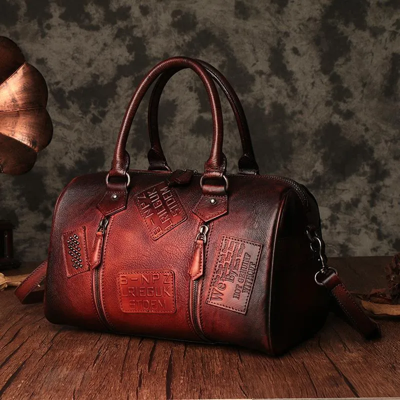 Vintage Womens Brown Leather Boston Handbags Boston Shoulder Handbag Crossbody Bags