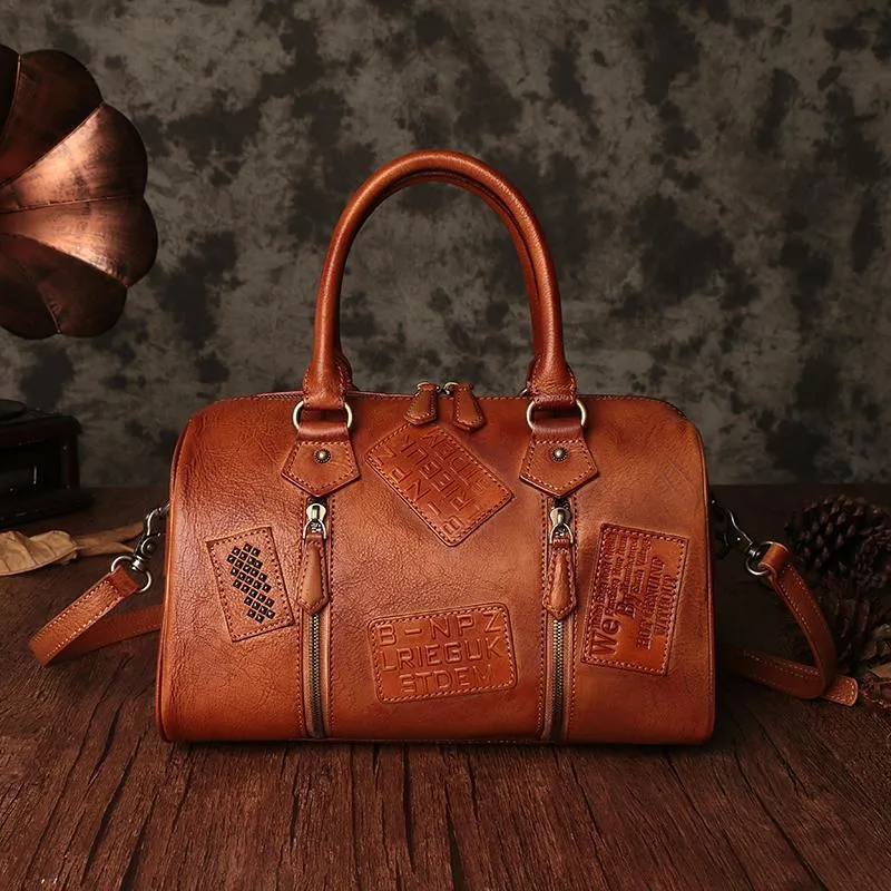 Vintage Womens Brown Leather Boston Handbags Boston Shoulder Handbag Crossbody Bags