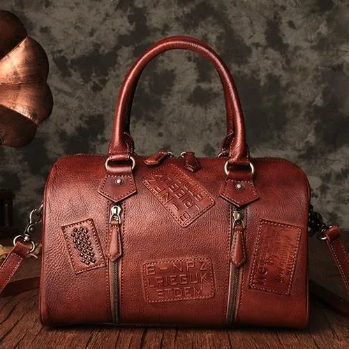 Vintage Womens Brown Leather Boston Handbags Boston Shoulder Handbag Crossbody Bags