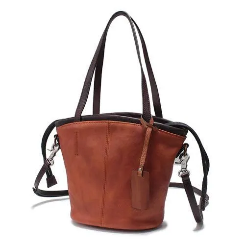 Vintage Womens Brown Leather Bucket Purse Bucket Handbags Shoulder Barrel Bag Crossbody Purse for Ladies