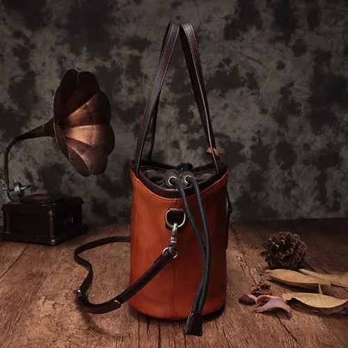 Vintage Womens Brown Leather Bucket Purse Bucket Handbags Shoulder Barrel Bag Crossbody Purse for Ladies
