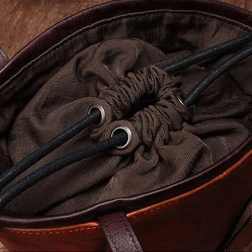 Vintage Womens Brown Leather Bucket Purse Bucket Handbags Shoulder Barrel Bag Crossbody Purse for Ladies