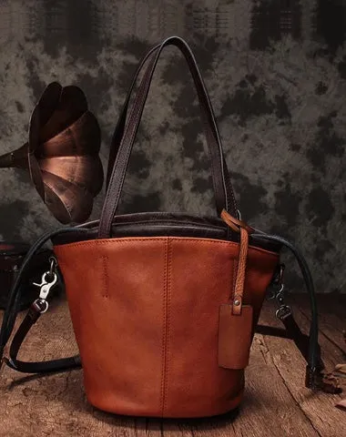 Vintage Womens Brown Leather Bucket Purse Bucket Handbags Shoulder Barrel Bag Crossbody Purse for Ladies