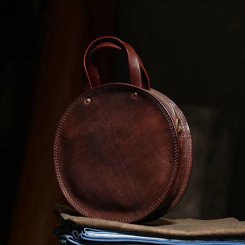 Vintage Womens Coffee Leather Round Handbag Purses Coffee Round Shoulder Bag Crossbody Handbag for Women