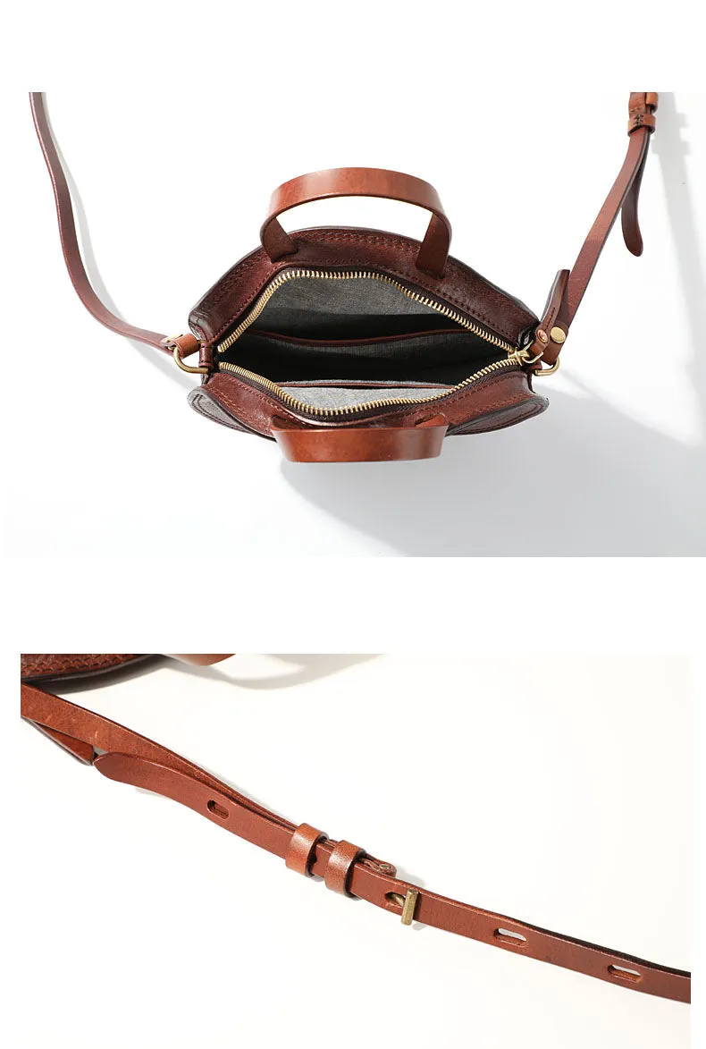 Vintage Womens Coffee Leather Round Handbag Purses Coffee Round Shoulder Bag Crossbody Handbag for Women