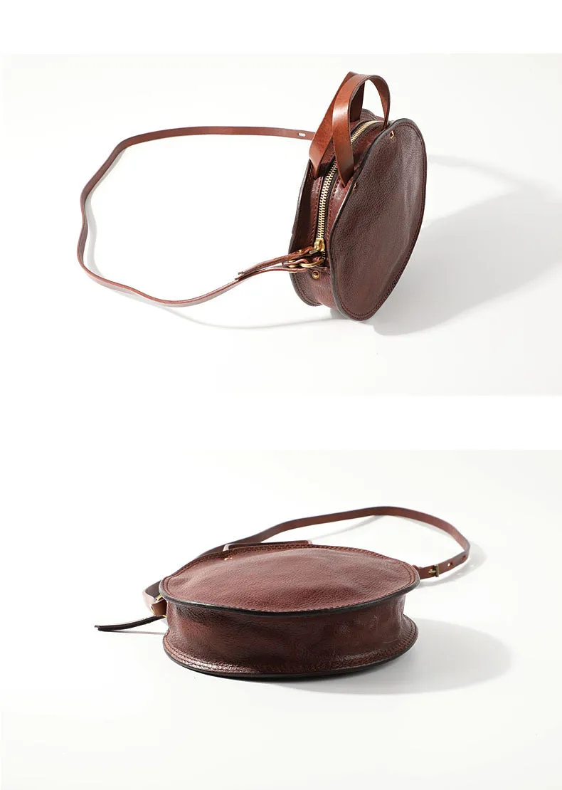 Vintage Womens Coffee Leather Round Handbag Purses Coffee Round Shoulder Bag Crossbody Handbag for Women