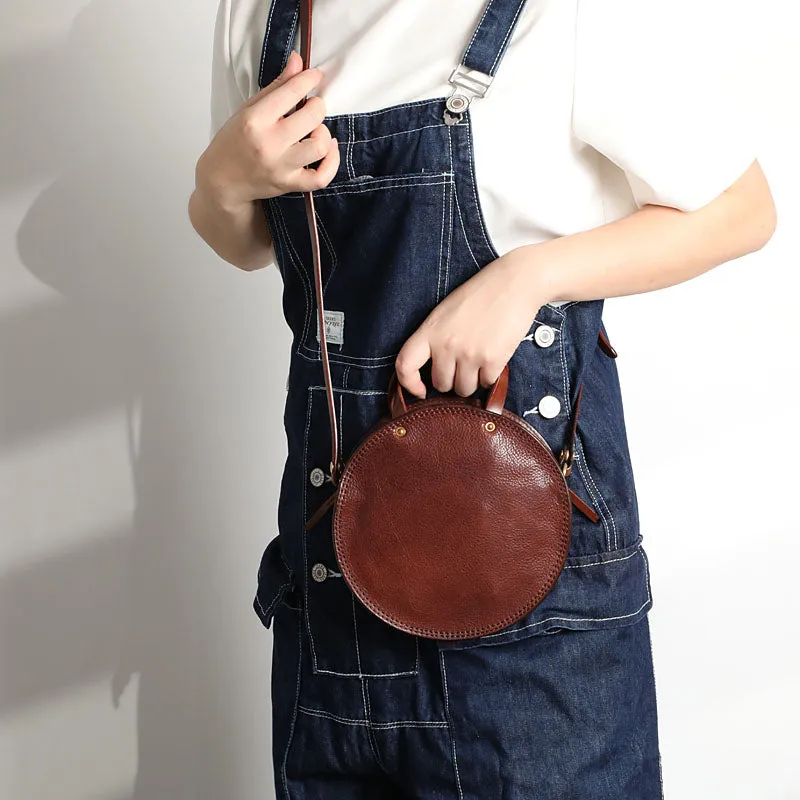 Vintage Womens Coffee Leather Round Handbag Purses Coffee Round Shoulder Bag Crossbody Handbag for Women