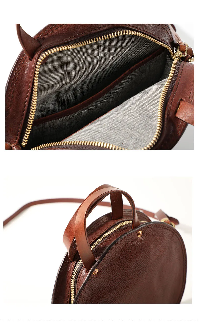 Vintage Womens Coffee Leather Round Handbag Purses Coffee Round Shoulder Bag Crossbody Handbag for Women