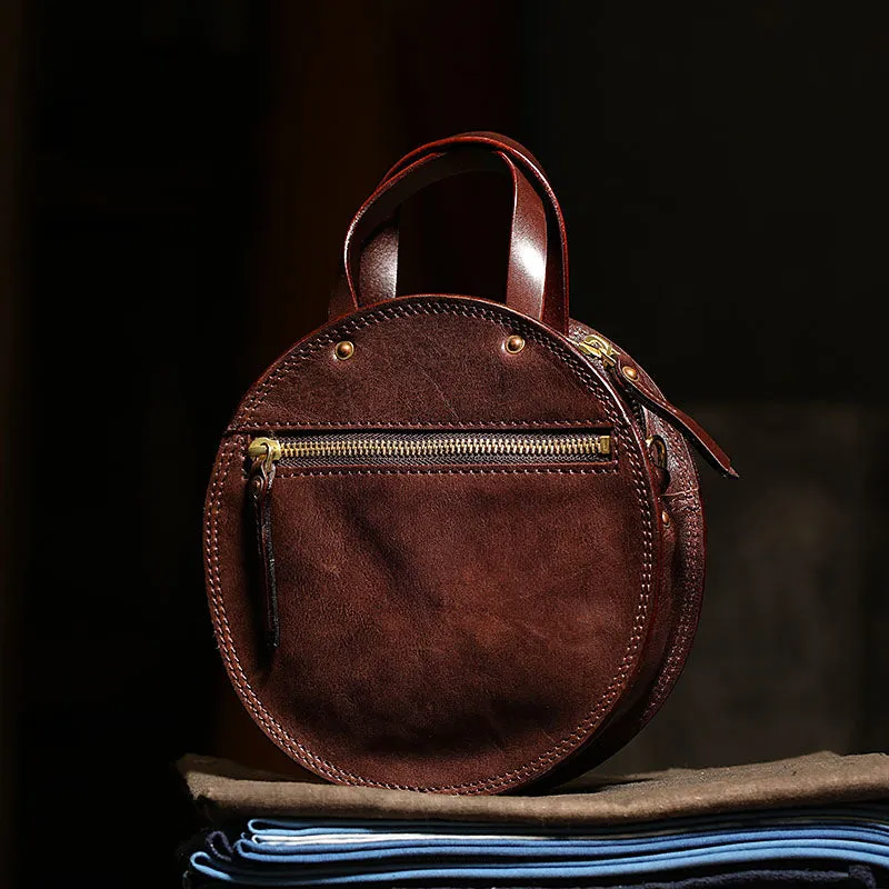 Vintage Womens Coffee Leather Round Handbag Purses Coffee Round Shoulder Bag Crossbody Handbag for Women