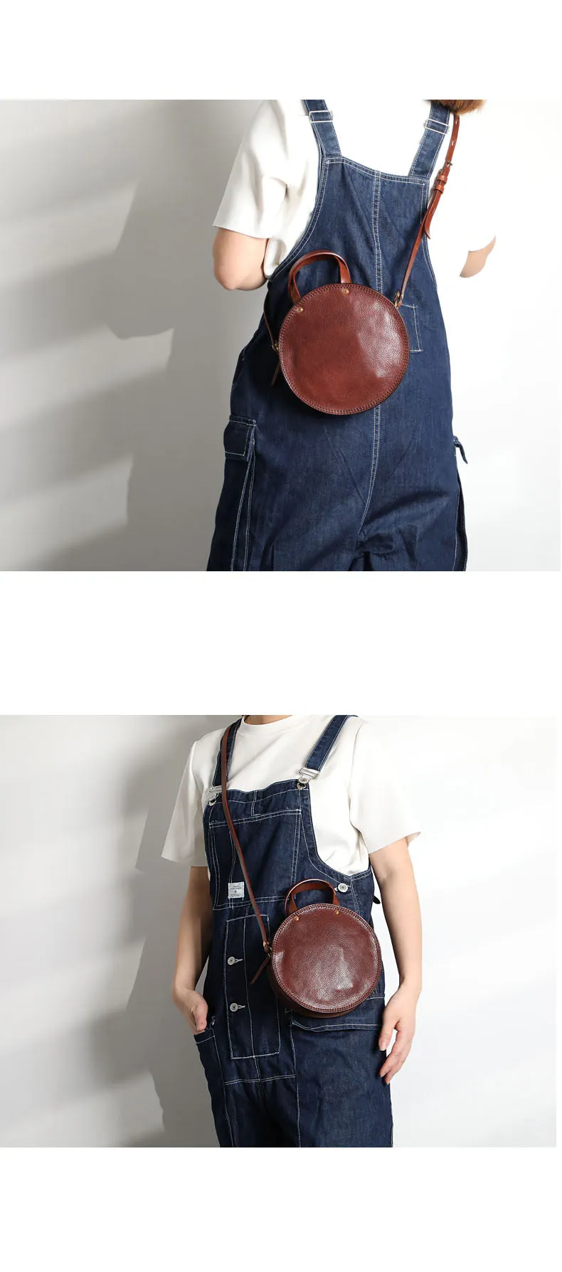 Vintage Womens Coffee Leather Round Handbag Purses Coffee Round Shoulder Bag Crossbody Handbag for Women