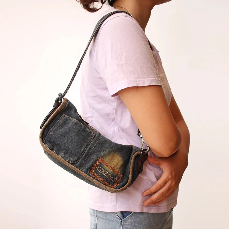 Vintage Womens Denim Baguette Bag Blue Denim Shoulder Purse for Women