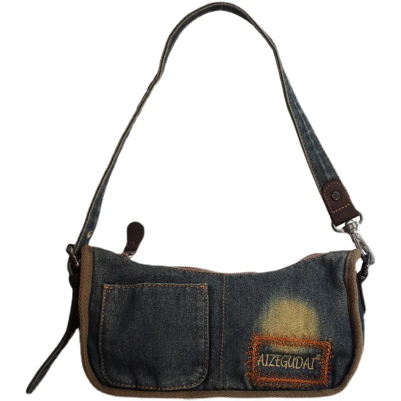 Vintage Womens Denim Baguette Bag Blue Denim Shoulder Purse for Women