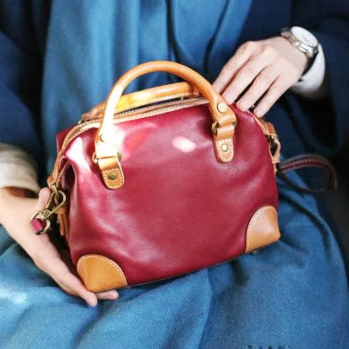 Vintage Womens Leather Small Red Satchel Handbag Shoulder Bag Ladies Doctor Satchel Purse Women's Satchel Crossbody Purse