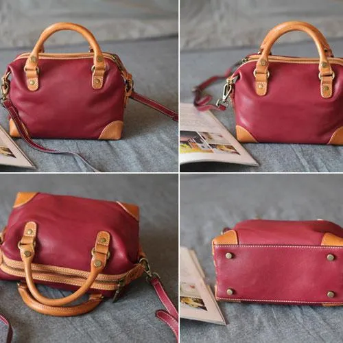 Vintage Womens Leather Small Red Satchel Handbag Shoulder Bag Ladies Doctor Satchel Purse Women's Satchel Crossbody Purse