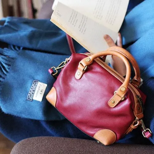 Vintage Womens Leather Small Red Satchel Handbag Shoulder Bag Ladies Doctor Satchel Purse Women's Satchel Crossbody Purse