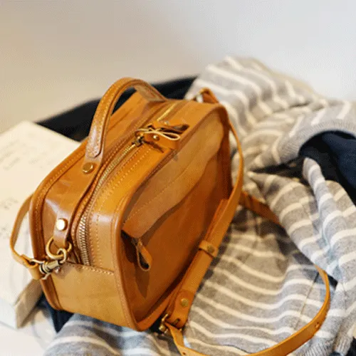Vintage Womens Leather Tan Small Handbag Square Crossbody Purse Green Leather Satchel Shoulder Bag
