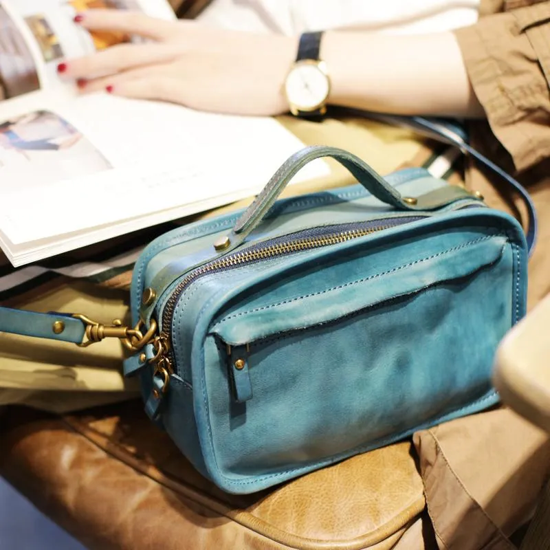Vintage Womens Leather Tan Small Handbag Square Crossbody Purse Green Leather Satchel Shoulder Bag