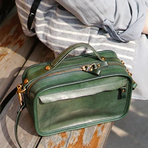 Vintage Womens Leather Tan Small Handbag Square Crossbody Purse Green Leather Satchel Shoulder Bag