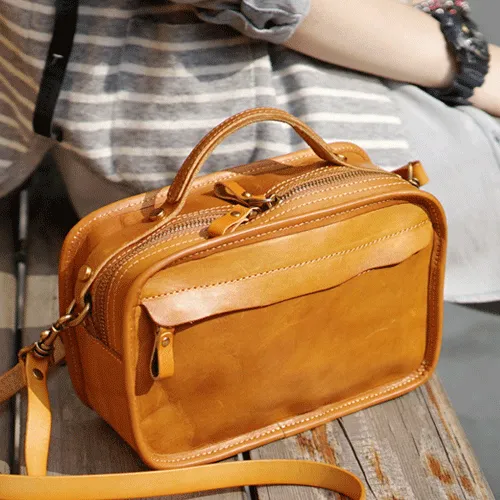 Vintage Womens Leather Tan Small Handbag Square Crossbody Purse Green Leather Satchel Shoulder Bag