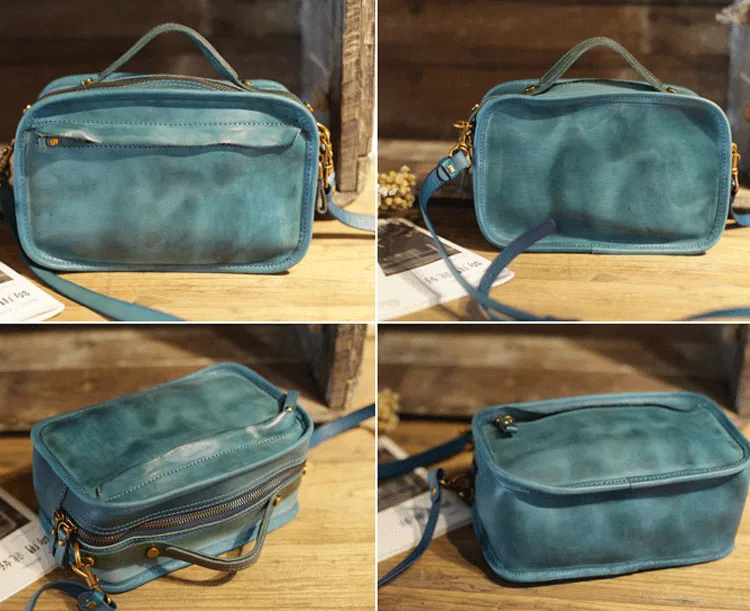 Vintage Womens Leather Tan Small Handbag Square Crossbody Purse Green Leather Satchel Shoulder Bag