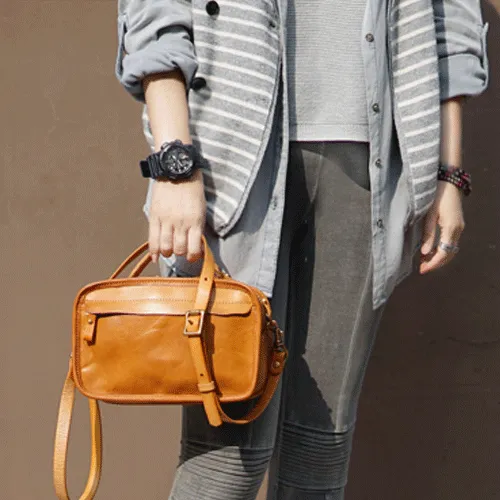 Vintage Womens Leather Tan Small Handbag Square Crossbody Purse Green Leather Satchel Shoulder Bag