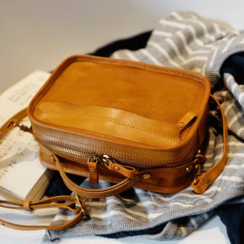 Vintage Womens Leather Tan Small Handbag Square Crossbody Purse Green Leather Satchel Shoulder Bag