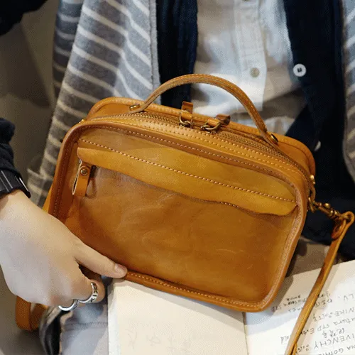 Vintage Womens Leather Tan Small Handbag Square Crossbody Purse Green Leather Satchel Shoulder Bag