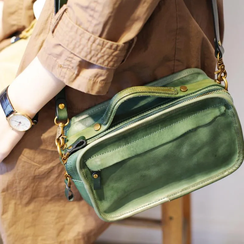 Vintage Womens Leather Tan Small Handbag Square Crossbody Purse Green Leather Satchel Shoulder Bag