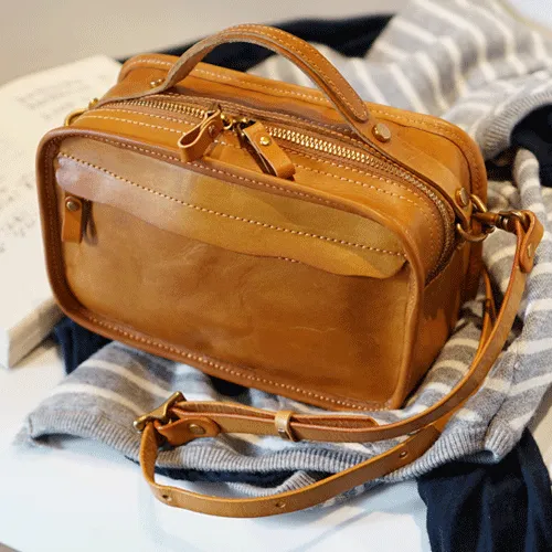 Vintage Womens Leather Tan Small Handbag Square Crossbody Purse Green Leather Satchel Shoulder Bag