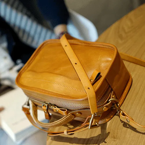 Vintage Womens Leather Tan Small Handbag Square Crossbody Purse Green Leather Satchel Shoulder Bag