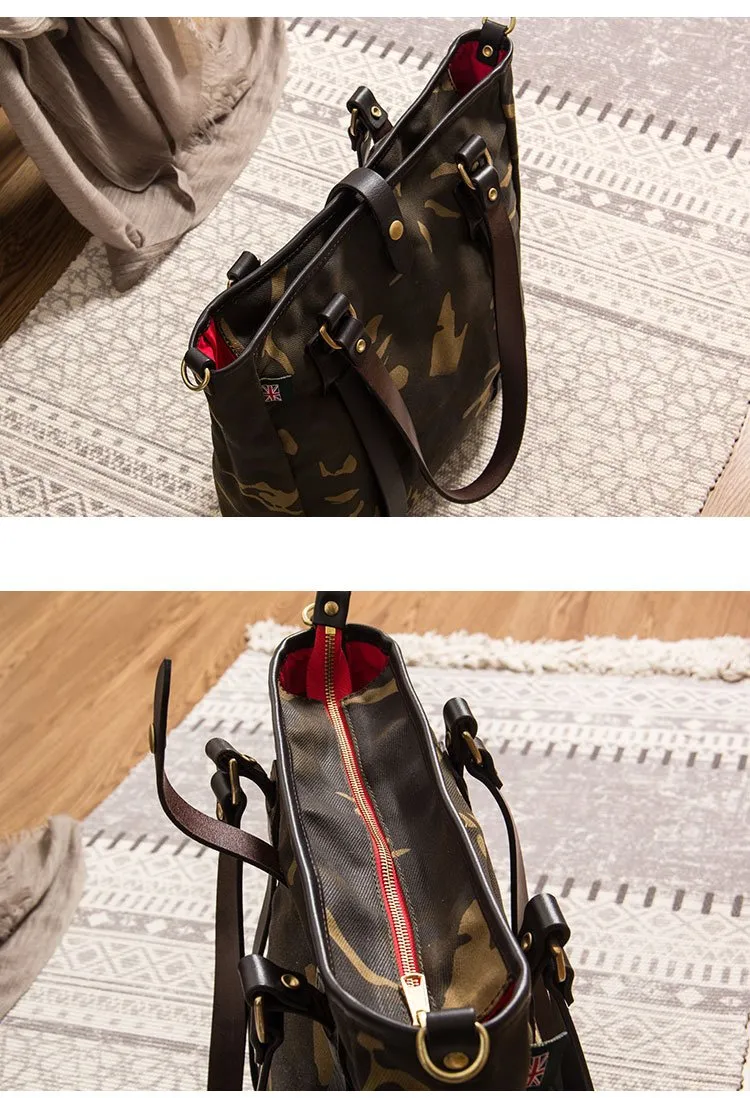 Waxed Canvas Mens Womens Handbag 14'' Tote Bag Camouflage Shoulder Bag Tote Purse For Men