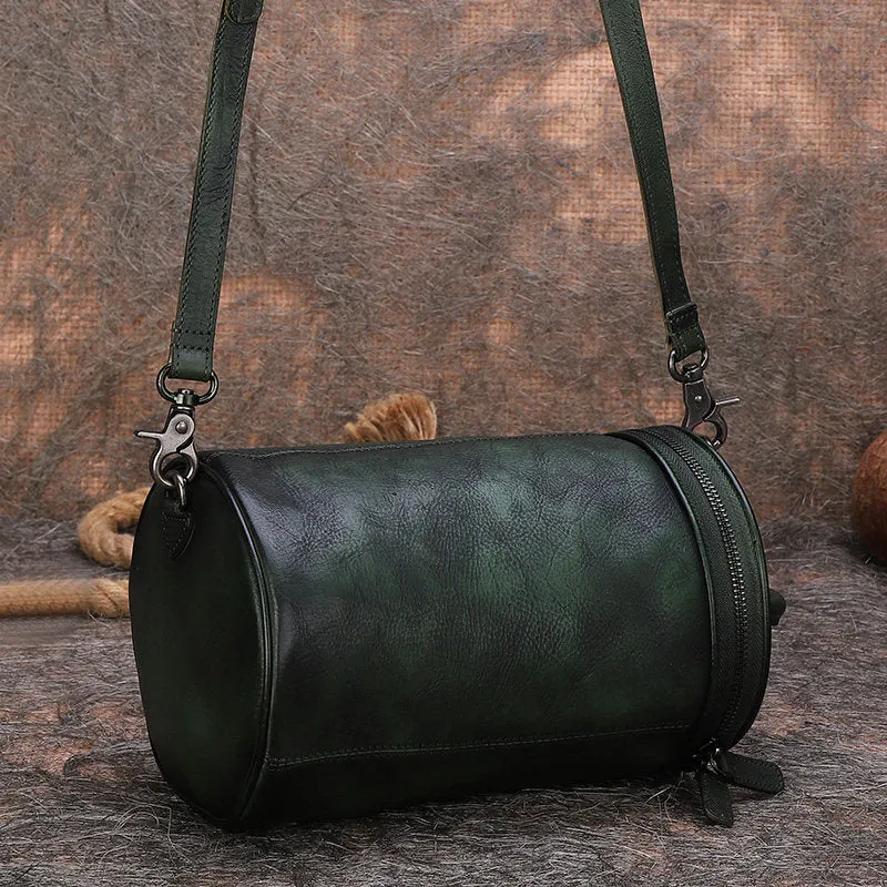 Womens Black Gray Leather Barrel Shoulder Bag Purse Vintage Round Handbag Bucket Crossbody Purse for Women