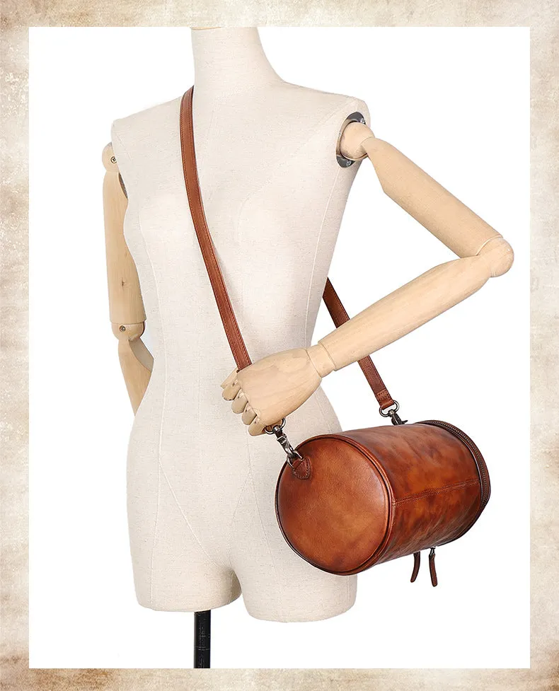 Womens Black Gray Leather Barrel Shoulder Bag Purse Vintage Round Handbag Bucket Crossbody Purse for Women