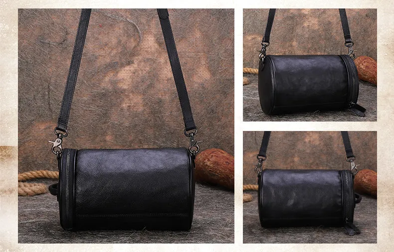 Womens Black Gray Leather Barrel Shoulder Bag Purse Vintage Round Handbag Bucket Crossbody Purse for Women