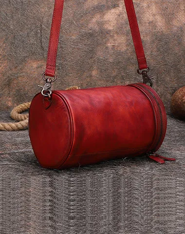 Womens Black Gray Leather Barrel Shoulder Bag Purse Vintage Round Handbag Bucket Crossbody Purse for Women