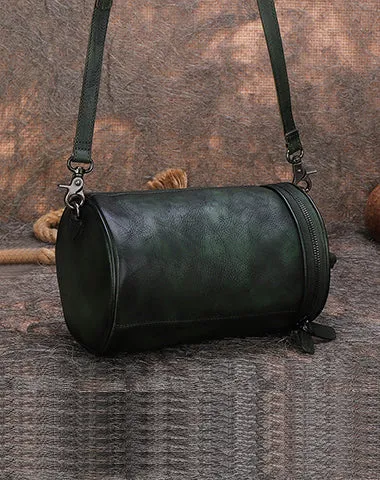 Womens Black Gray Leather Barrel Shoulder Bag Purse Vintage Round Handbag Bucket Crossbody Purse for Women