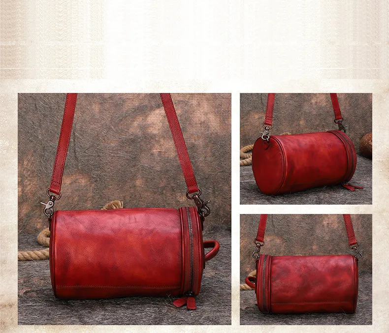 Womens Black Gray Leather Barrel Shoulder Bag Purse Vintage Round Handbag Bucket Crossbody Purse for Women