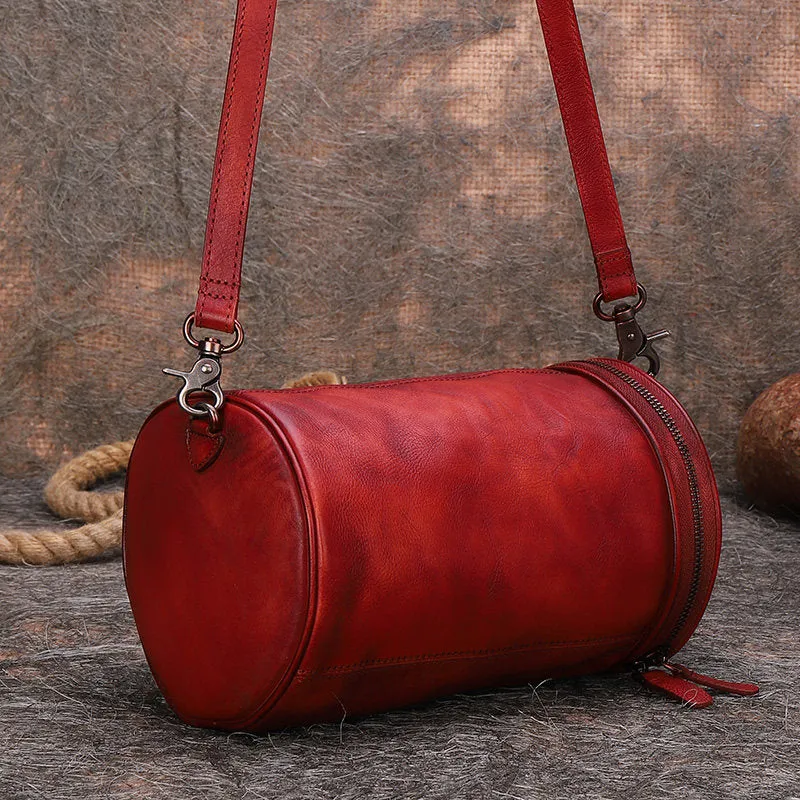 Womens Black Gray Leather Barrel Shoulder Bag Purse Vintage Round Handbag Bucket Crossbody Purse for Women