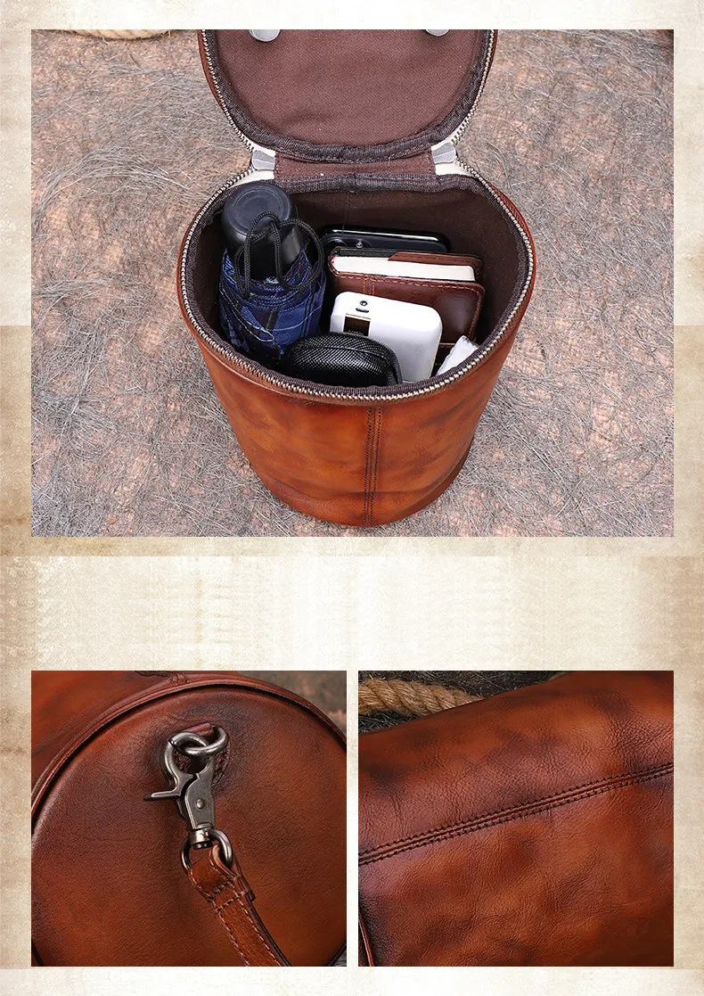 Womens Black Gray Leather Barrel Shoulder Bag Purse Vintage Round Handbag Bucket Crossbody Purse for Women