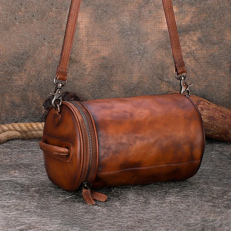 Womens Black Gray Leather Barrel Shoulder Bag Purse Vintage Round Handbag Bucket Crossbody Purse for Women