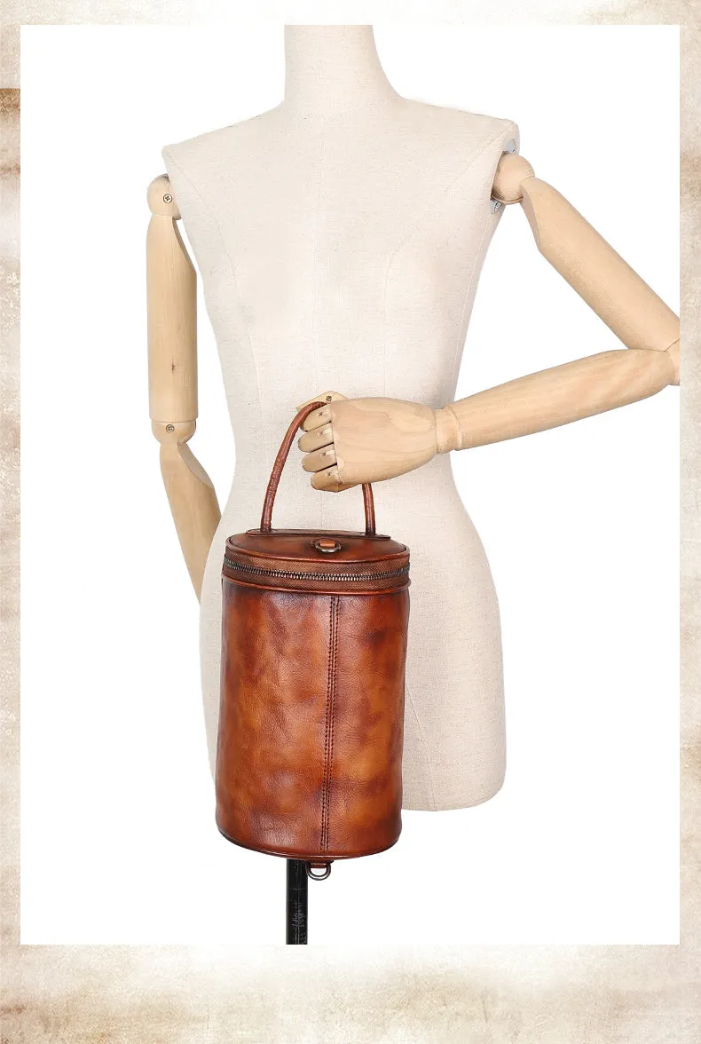 Womens Black Gray Leather Barrel Shoulder Bag Purse Vintage Round Handbag Bucket Crossbody Purse for Women