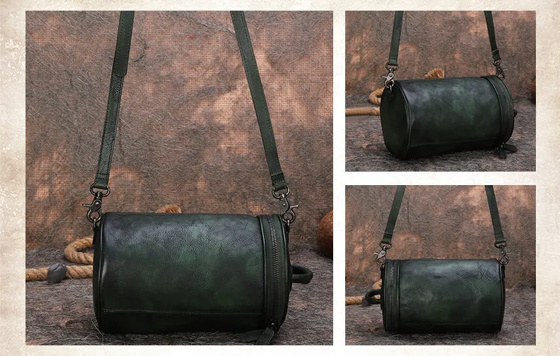 Womens Black Gray Leather Barrel Shoulder Bag Purse Vintage Round Handbag Bucket Crossbody Purse for Women