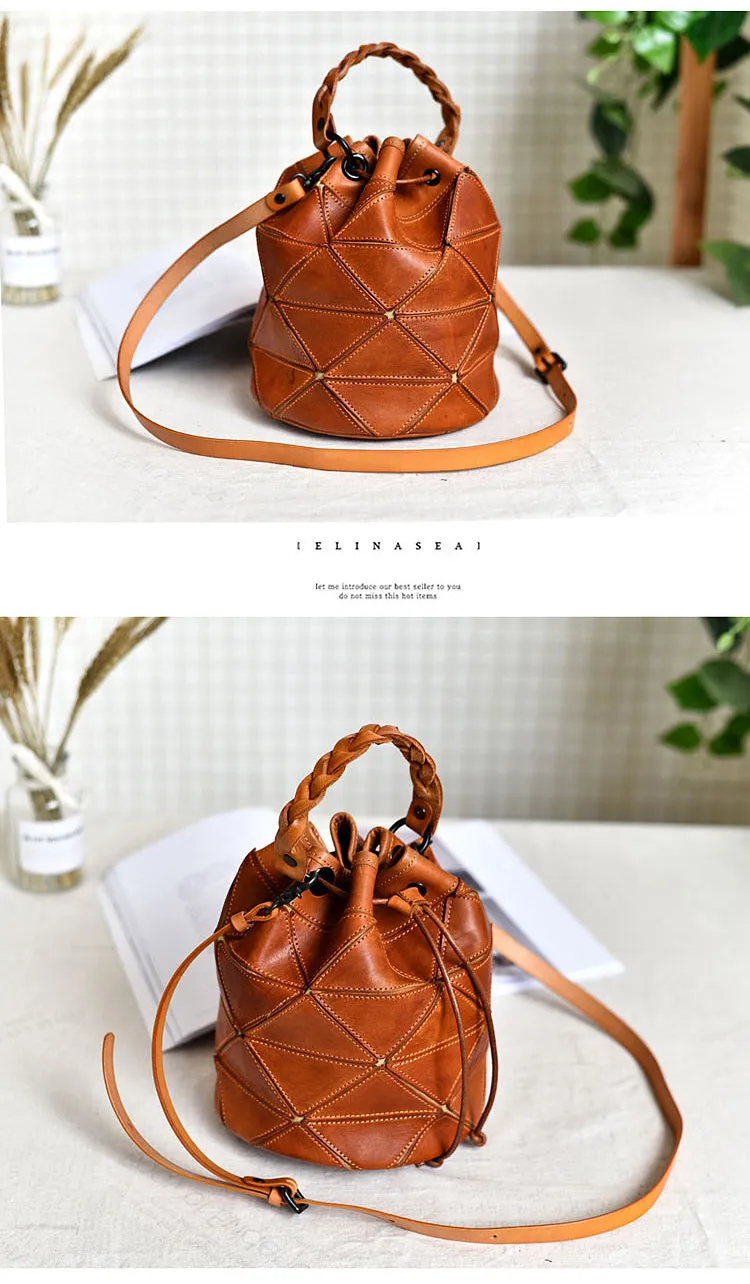 Womens Black Leather Bucket Shoulder Bag Purse Vintage Split Joint Barrel Round Handbag Crossbody Purse for Women