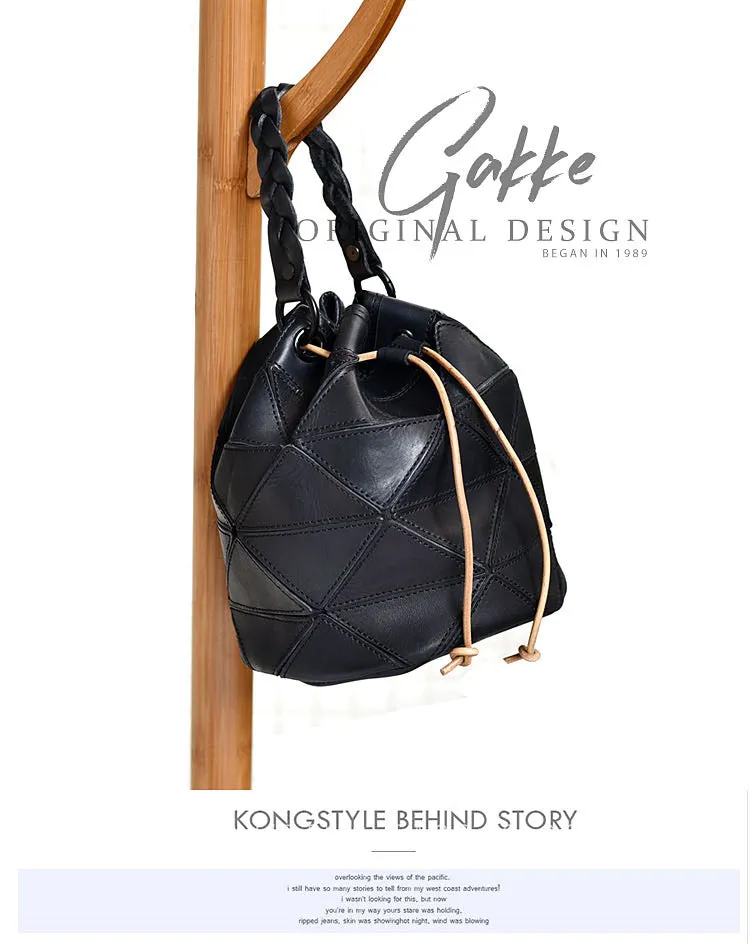 Womens Black Leather Bucket Shoulder Bag Purse Vintage Split Joint Barrel Round Handbag Crossbody Purse for Women