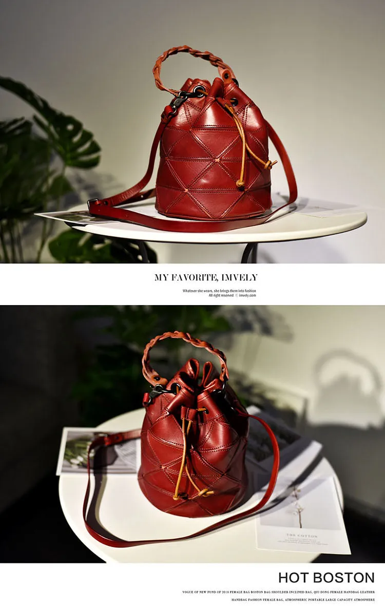 Womens Black Leather Bucket Shoulder Bag Purse Vintage Split Joint Barrel Round Handbag Crossbody Purse for Women
