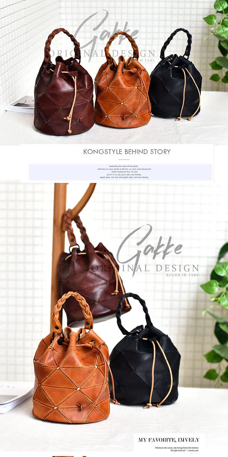 Womens Black Leather Bucket Shoulder Bag Purse Vintage Split Joint Barrel Round Handbag Crossbody Purse for Women