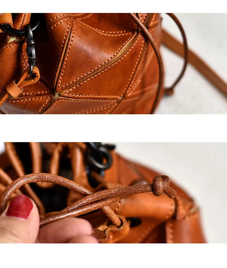 Womens Black Leather Bucket Shoulder Bag Purse Vintage Split Joint Barrel Round Handbag Crossbody Purse for Women